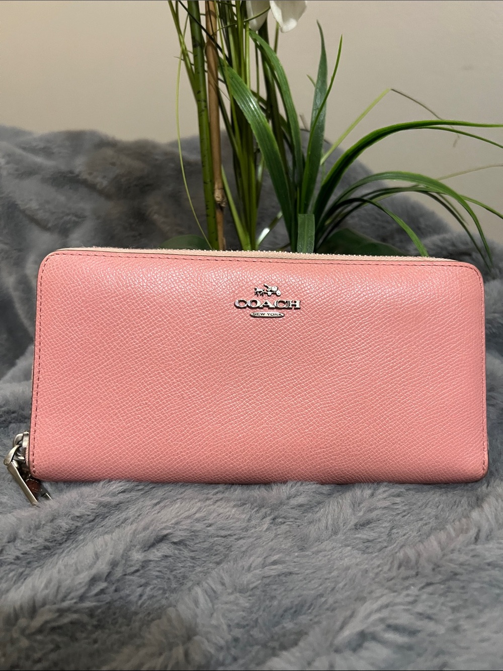 Coach Pink Saffiano Zip-Around Wallet with Silver Logo GUC retail $225